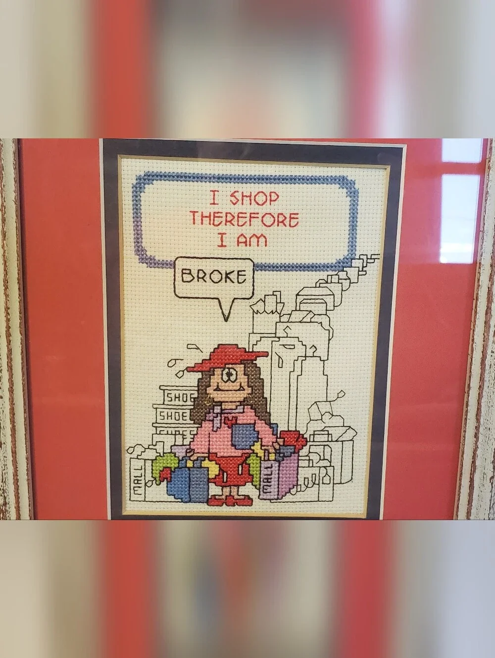 Vintage Cathy Cross Stitch Needlepoint Framed Humor Art Cottagecore Grandmacore